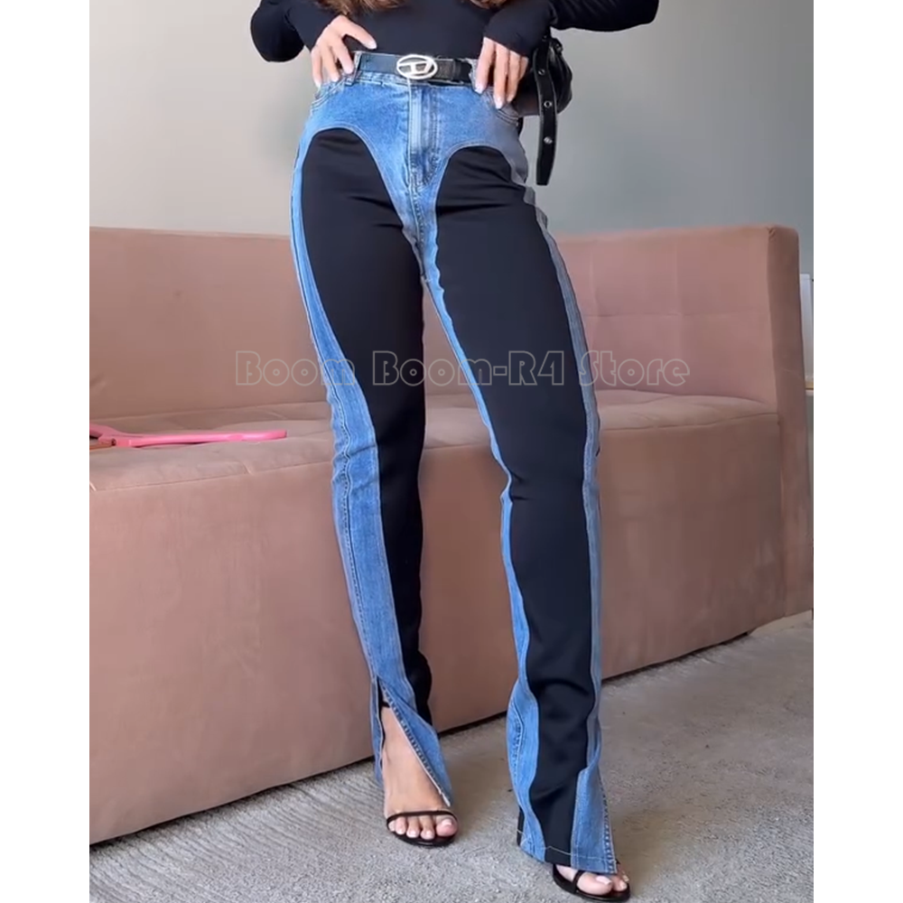 Street Fashion Trend 2025 - Y2K Contrast Paneled High-Waisted Denim Pants