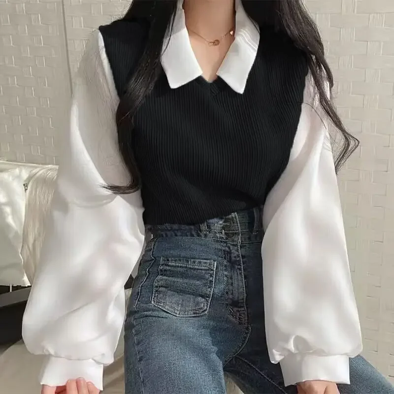 Street Fashion Korea - False Two-piece Polo Collar Women's Blouse