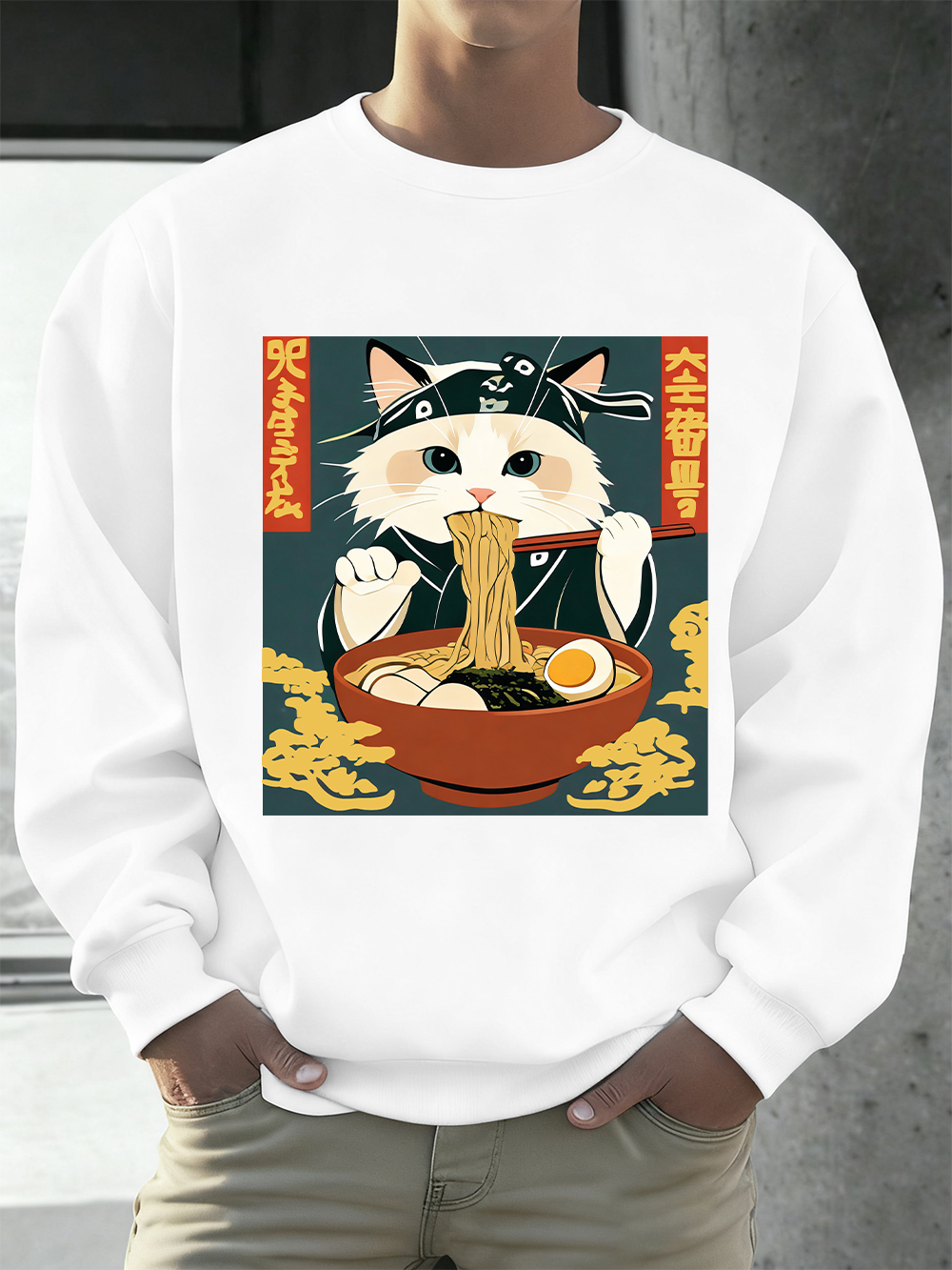 Oversized Crewneck Fleece - Cats Like Lamian Noodles Printing Men'S