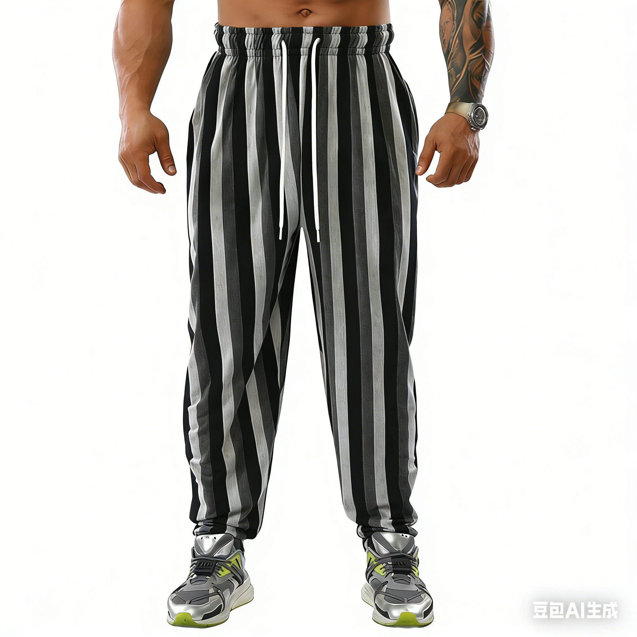Running Pant Jogger - Men's Black Gray Striped Joggers Elastic