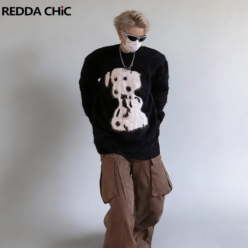 Oversized Crewneck Fleece - REDDACHIC Dalmatian Print Sweater Men Fleece