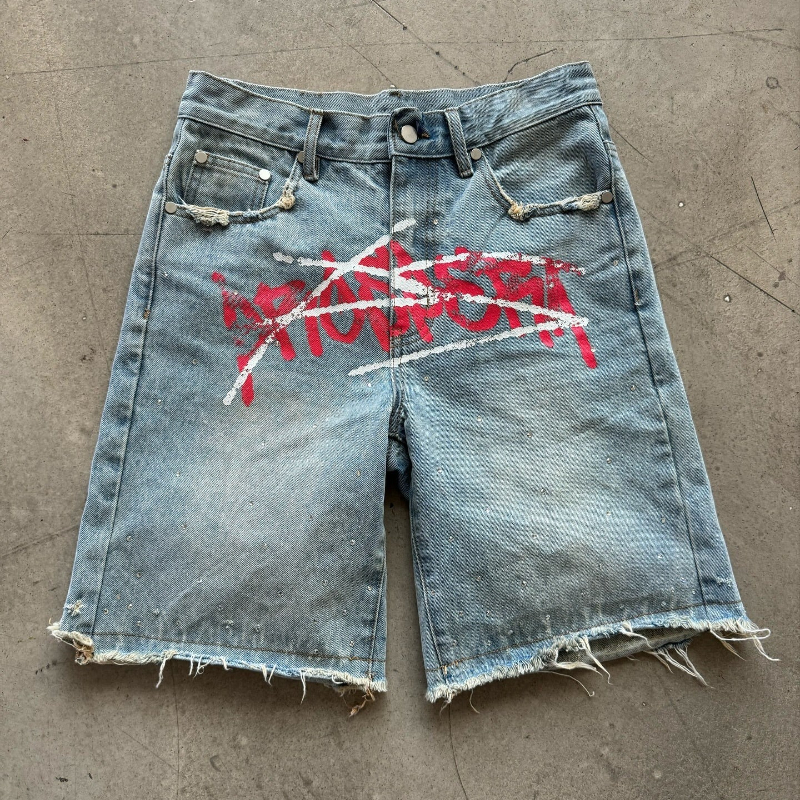 Street Fashion Hip Hop - Y2K Graffiti Jorts Rhinestone Distressed Printed