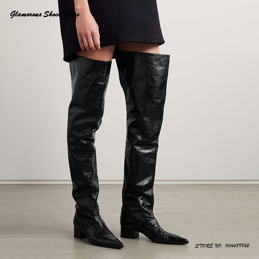Street Fashion Runway - Crinkled-leather Over-the-knee Boots Women's Spring Autumn
