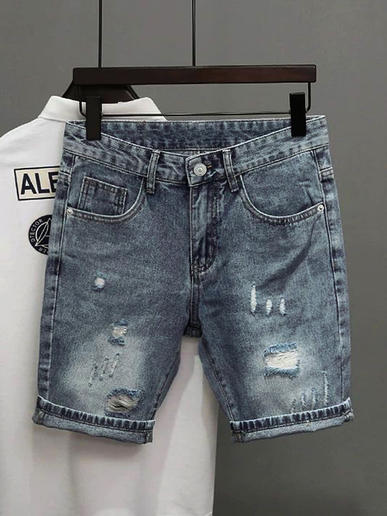 Light Blue Denim Shorts Men's  – Street Fashion Korea recenzja i cena